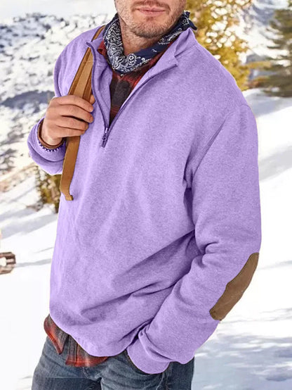 Herren Sweatshirt Mit Reißverschluss Lässig Ellbogen Aufnäher Grau - Norvielle