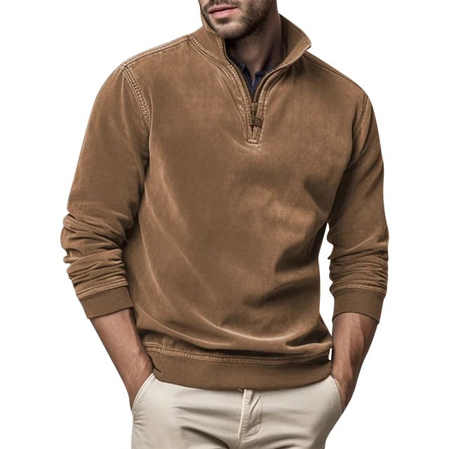 Sweatshirt mit Viertelreißverschluss - Herren lässiger Half-Zip Pullover-Braun-S-Chaps Herrenmode