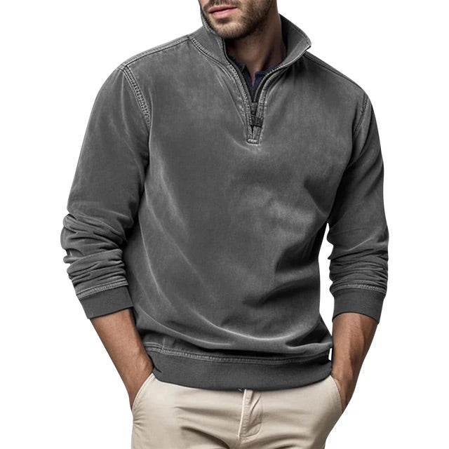 Sweatshirt mit Viertelreißverschluss - Herren lässiger Half-Zip Pullover-Grau-S-Chaps Herrenmode