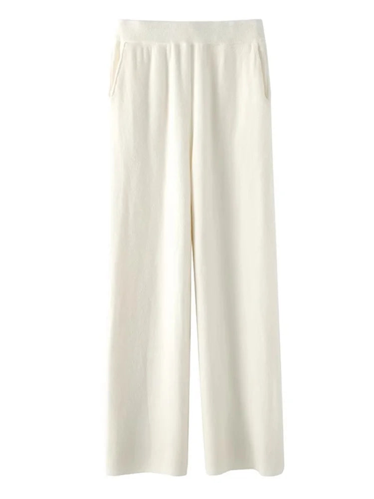 Damen Feinstrickhose Hochwerder Bund Weites Bein