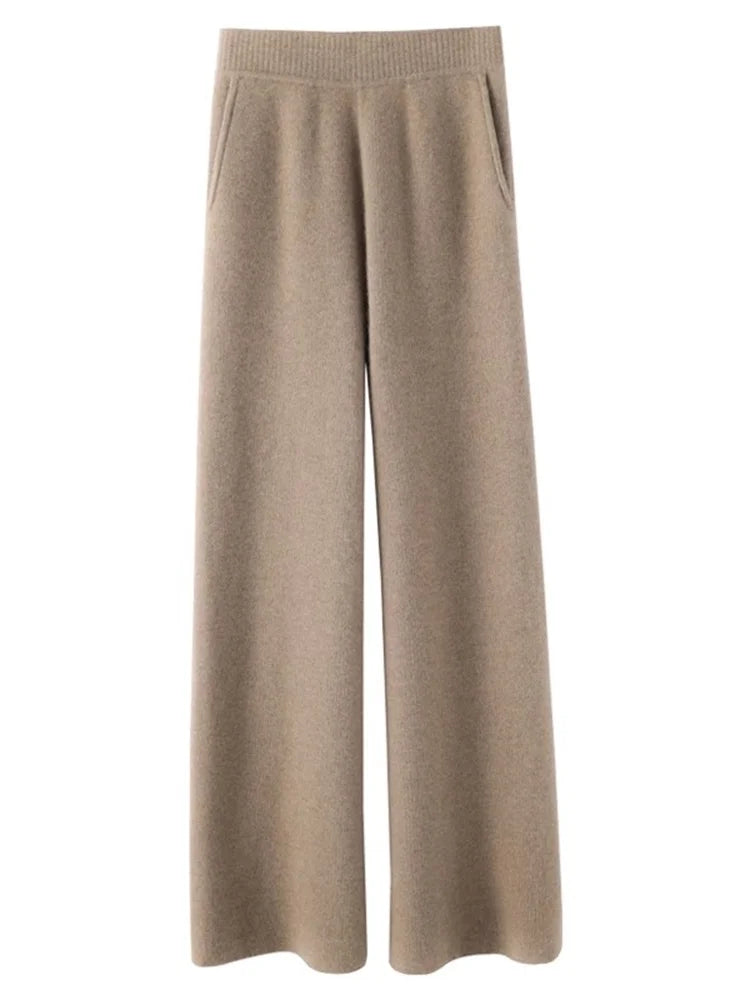 Damen Feinstrickhose Hochwerder Bund Weites Bein