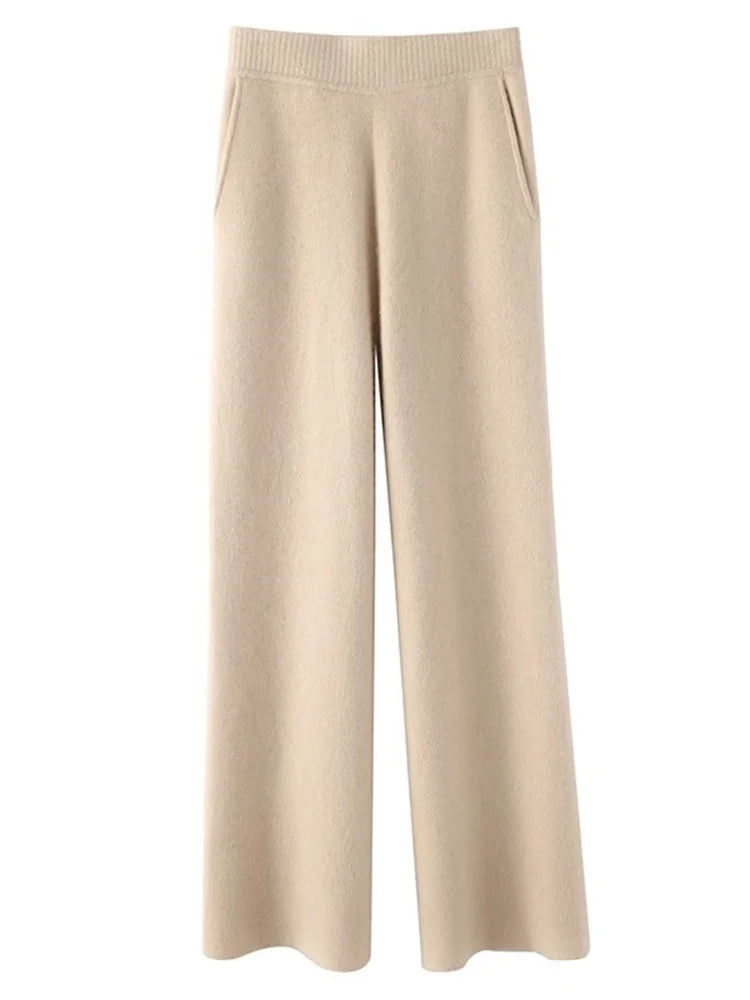 Damen Feinstrickhose Hochwerder Bund Weites Bein Schwarz - Norvielle