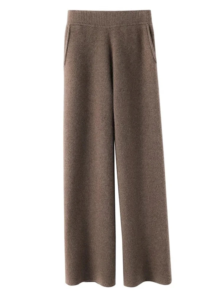 Damen Feinstrickhose Hochwerder Bund Weites Bein