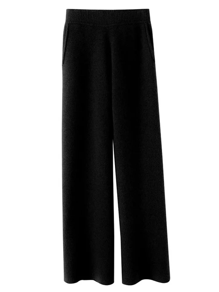 Damen Feinstrickhose Hochwerder Bund Weites Bein