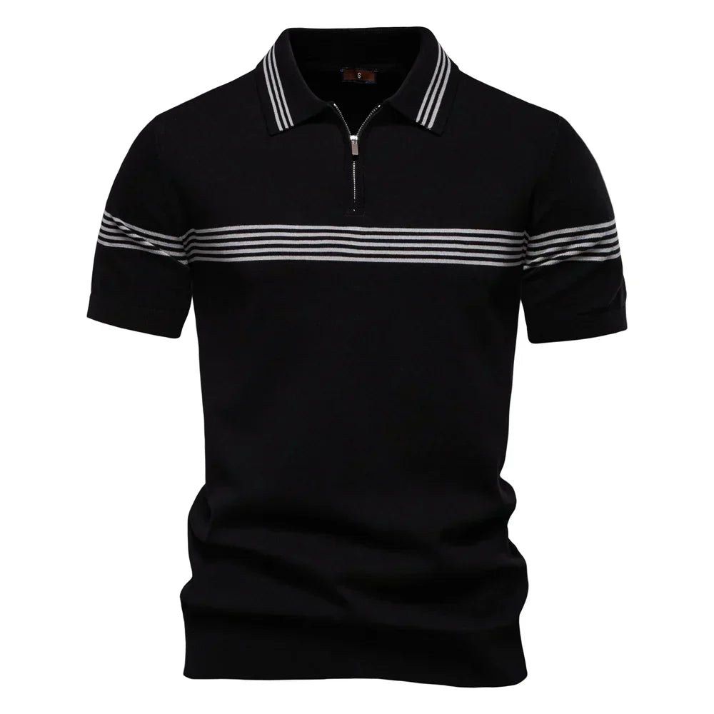 T-Shirt mit Kragen | Gestrickt | Viertel-Reißverschluss | Polo-T-Shirt | Herren-Poloshirt-Schwarz-S-Chaps Herrenmode