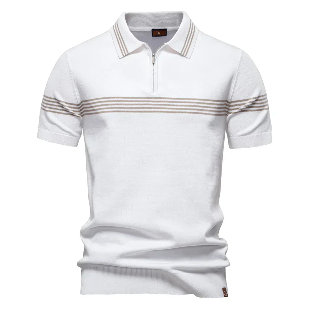 T-Shirt mit Kragen | Gestrickt | Viertel-Reißverschluss | Polo-T-Shirt | Herren-Poloshirt-Weiß-S-Chaps Herrenmode