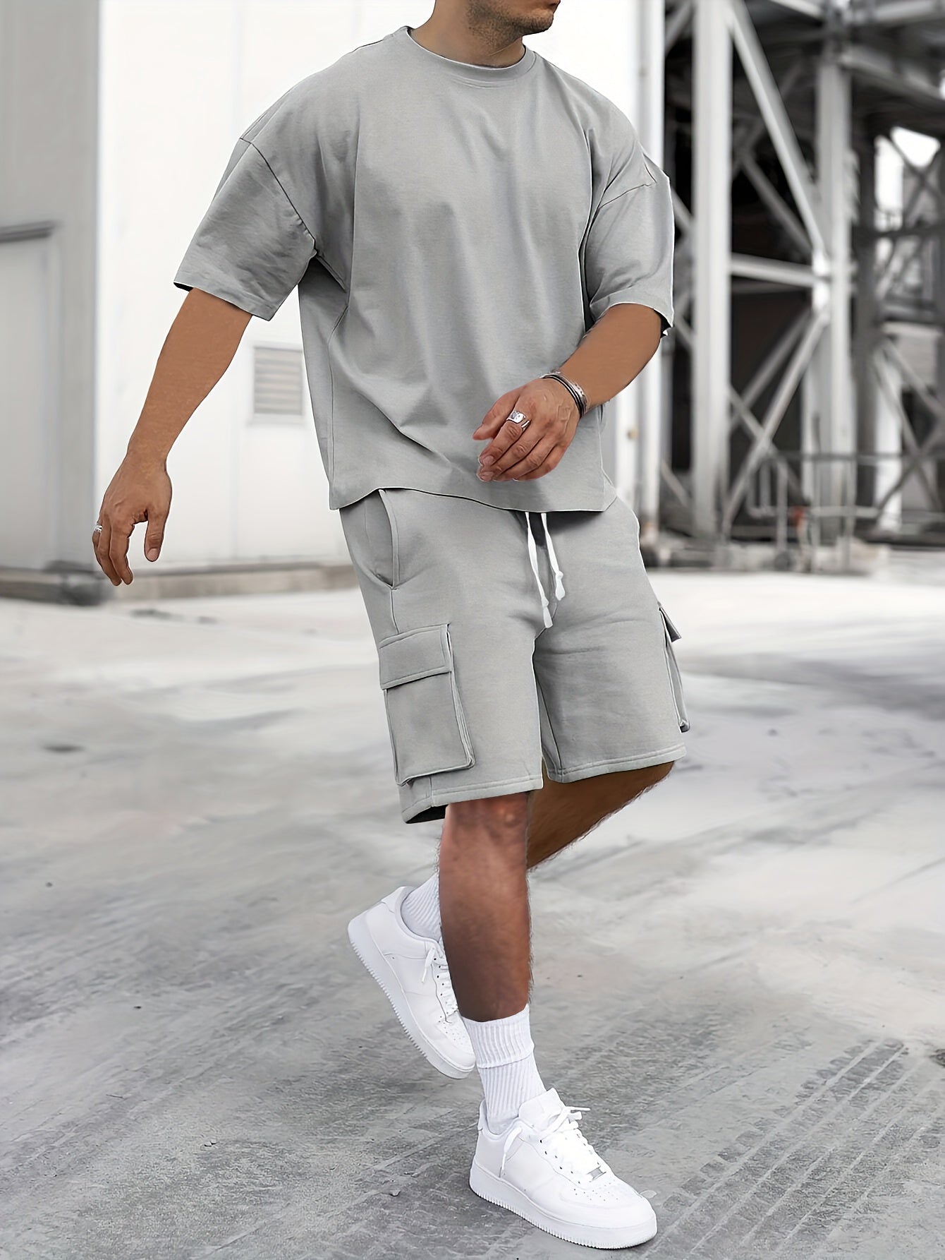 Herren Oversized T-Shirt und Cargoshorts Set Zweiteilig Grau - Norvielle