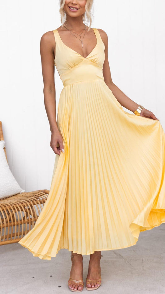 Ärmelloses Damen Plisseekleid Sonnengelb V-Ausschnitt - Norvielle