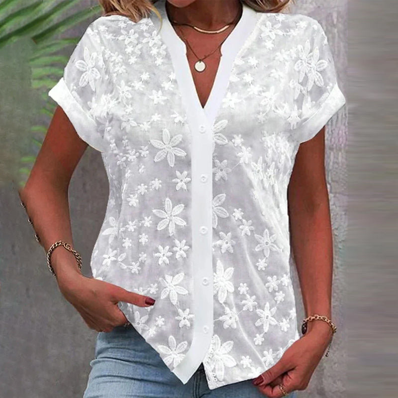 Norvielle Damen Blumenbluse Kurzärmelig V-Ausschnitt