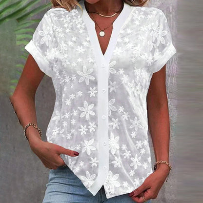 Norvielle Damen Blumenbluse Kurzärmelig V-Ausschnitt