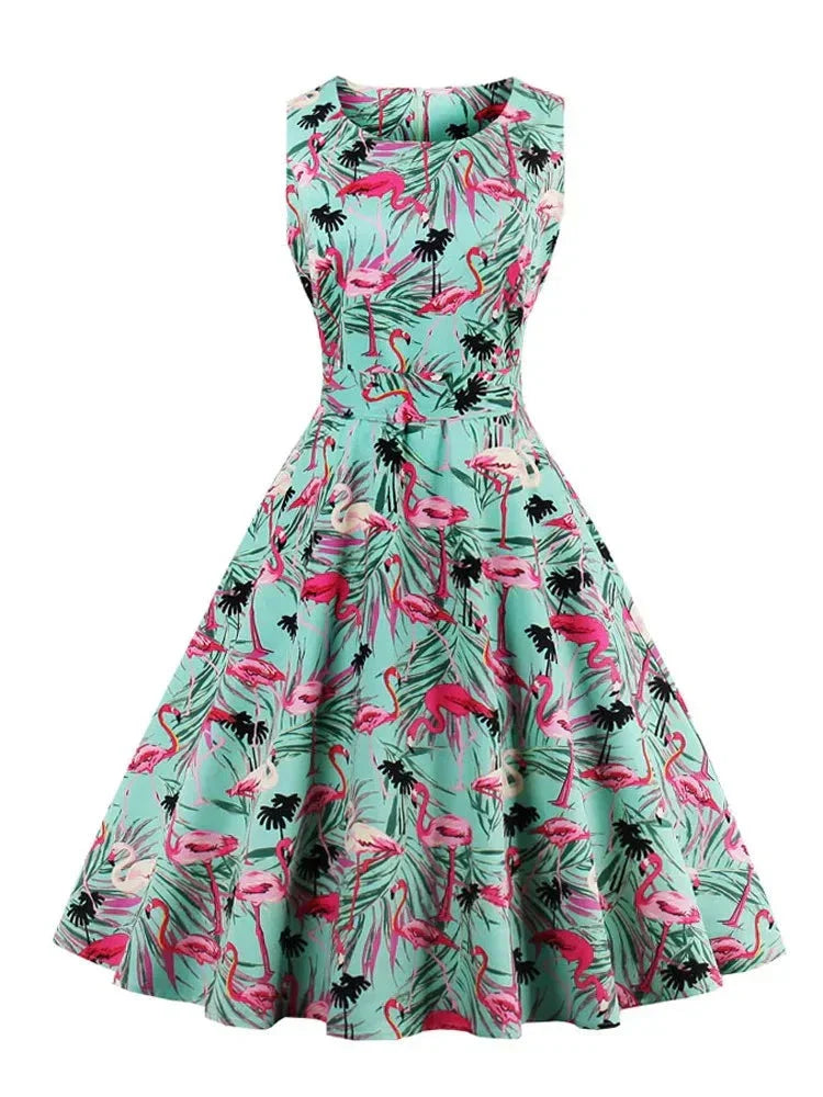 Retro-Kleid Flamingodruck Damenkleid Baumwolle Rosa
