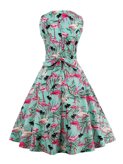 Retro-Kleid Flamingodruck Damenkleid Baumwolle Rosa - Norvielle