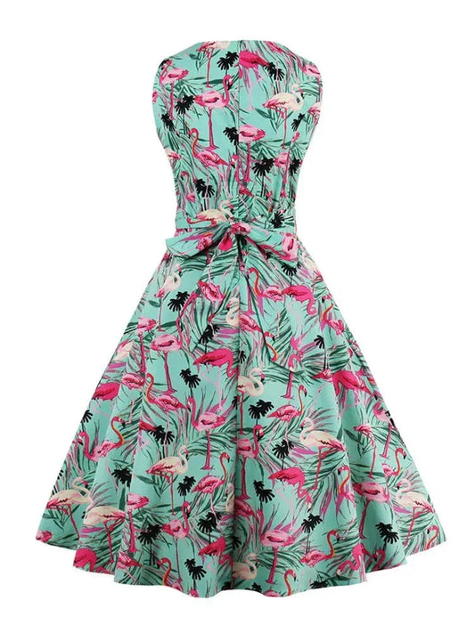Retro-Kleid Flamingodruck Damenkleid Baumwolle Rosa - Norvielle