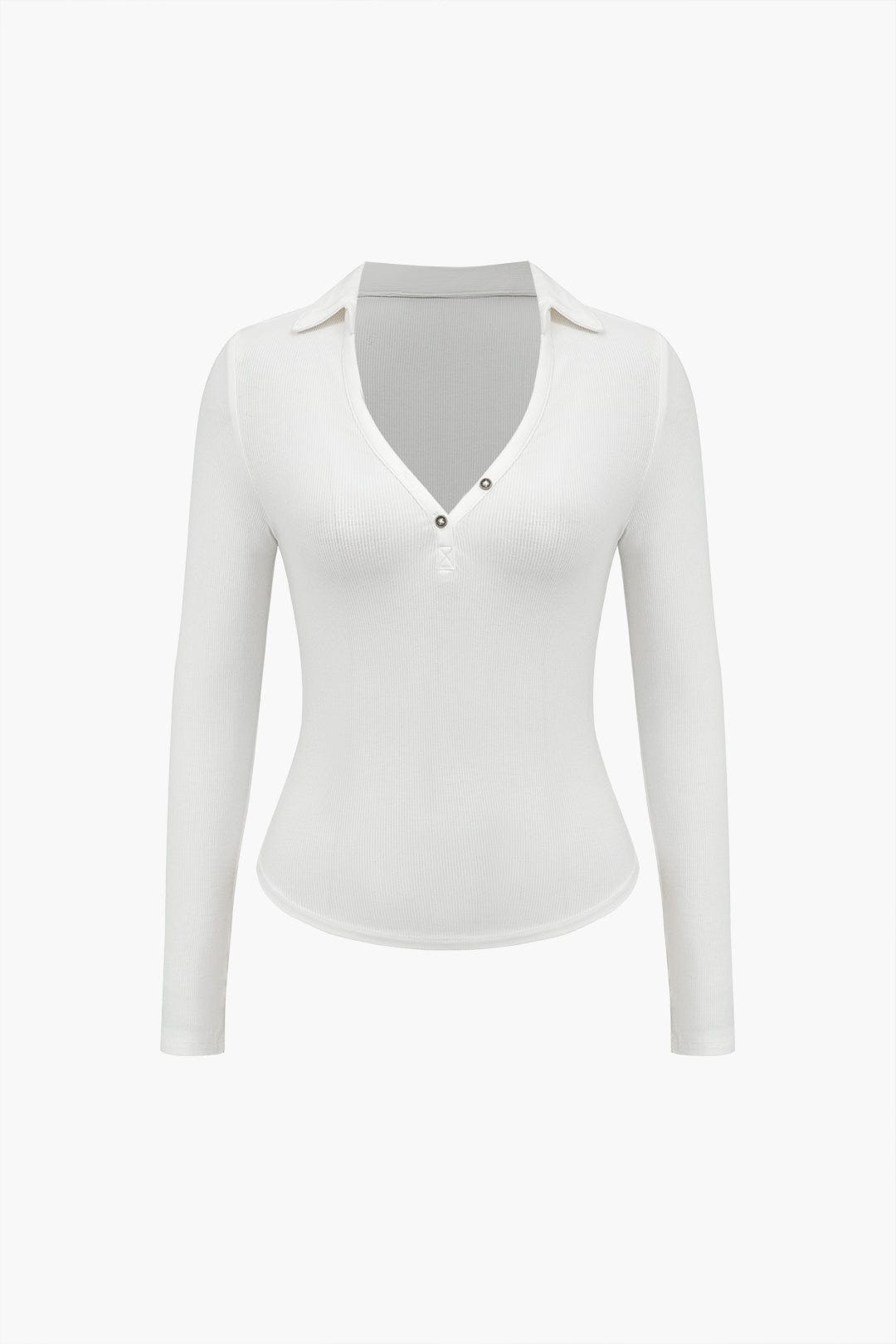 Damen Langarm-Poloshirt Figurbetont V-Ausschnitt Elegante Knöpfe - Norvielle