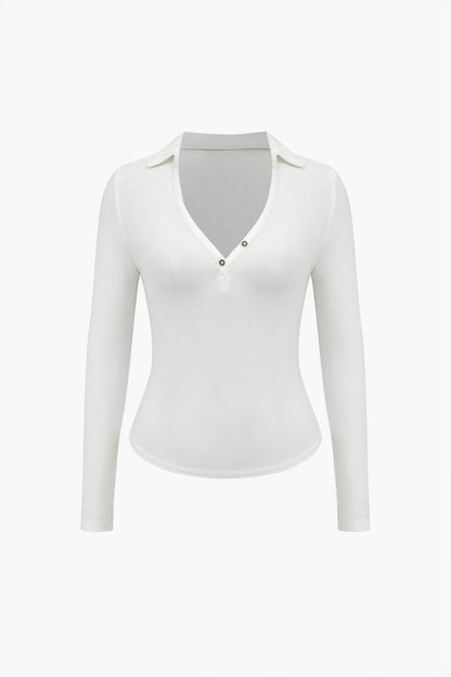 Damen Langarm-Poloshirt Figurbetont V-Ausschnitt Elegante Knöpfe - Norvielle