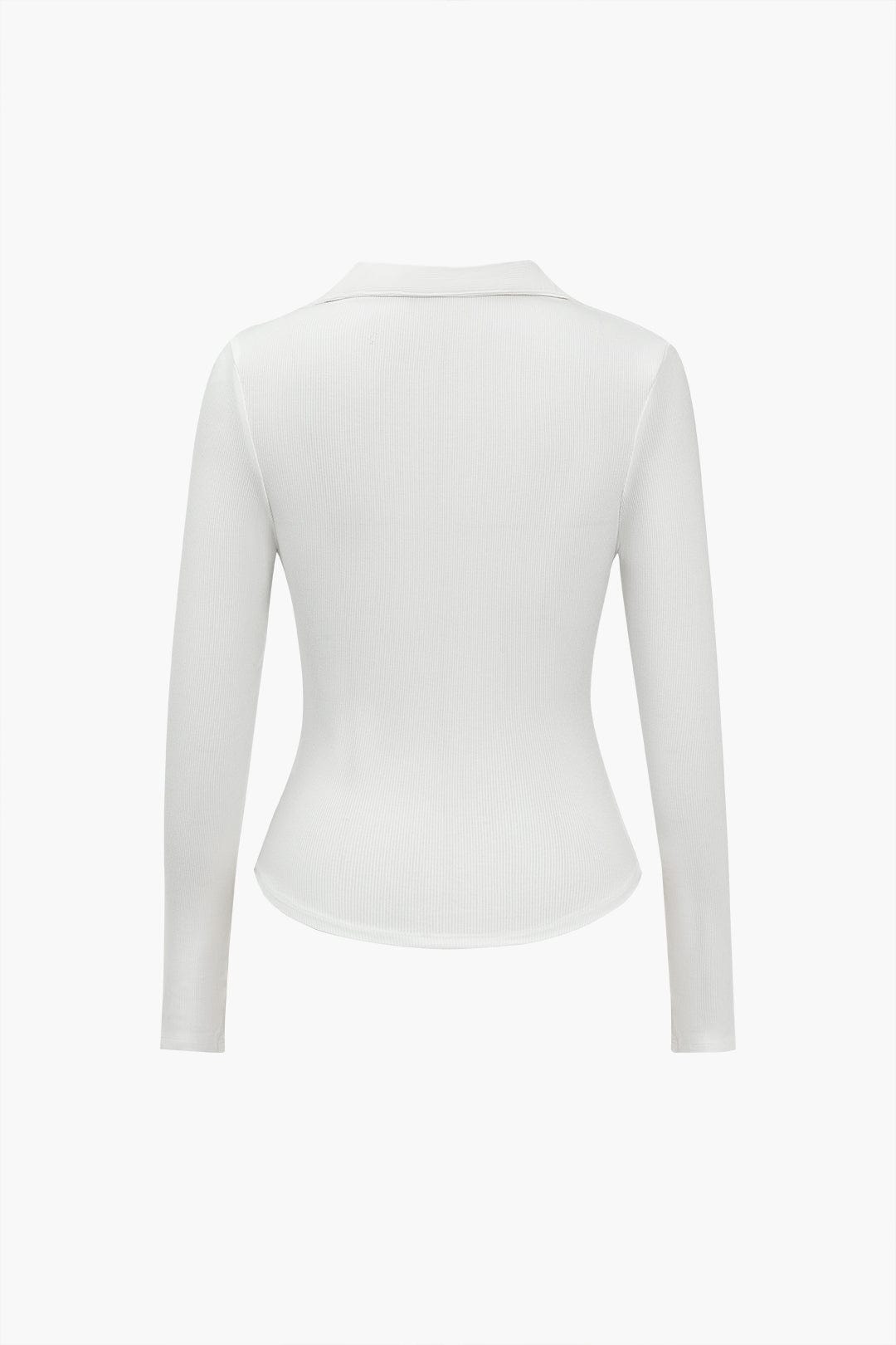 Damen Langarm-Poloshirt Figurbetont V-Ausschnitt Elegante Knöpfe