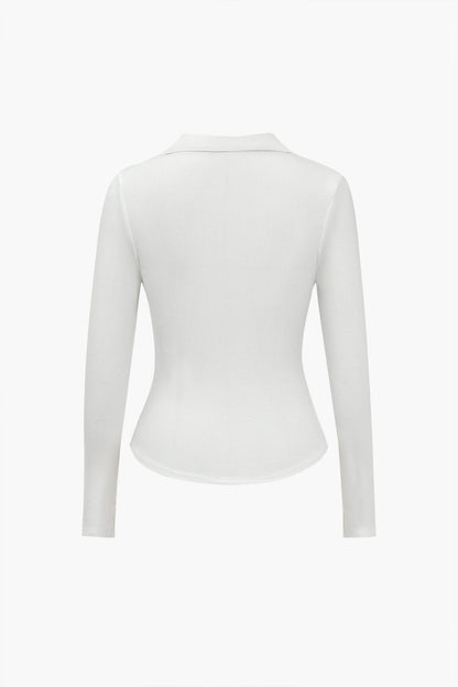 Damen Langarm-Poloshirt Figurbetont V-Ausschnitt Elegante Knöpfe