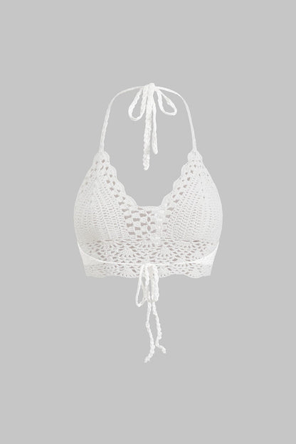 Weißes Handgehäkeltes Damen-Boho- mit Neckholder und Bindebändern