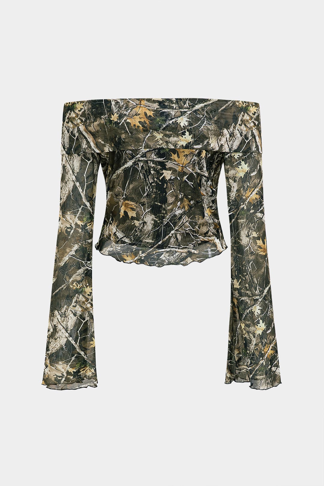 Damen Off-Shoulder Camouflage Mesh Trompetenärmel - Norvielle