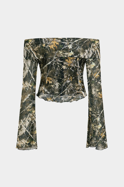 Damen Off-Shoulder Camouflage Mesh Trompetenärmel - Norvielle