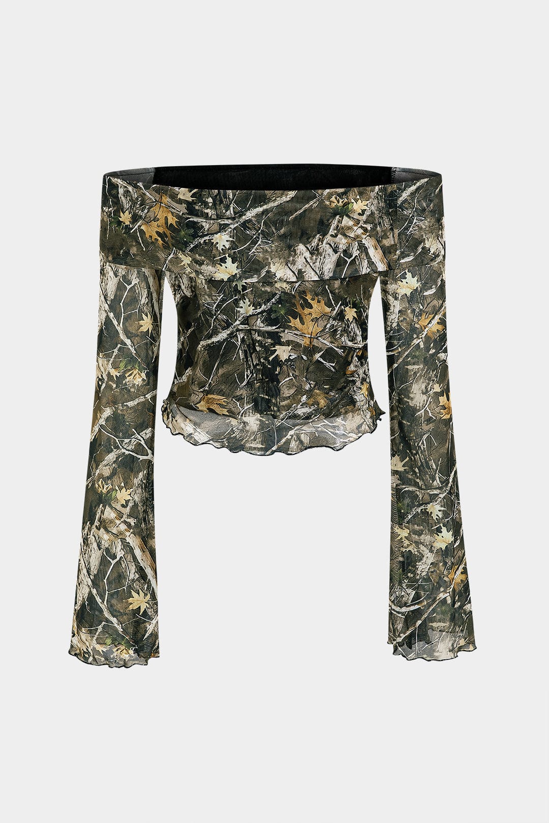 Damen Off-Shoulder Camouflage Mesh Trompetenärmel