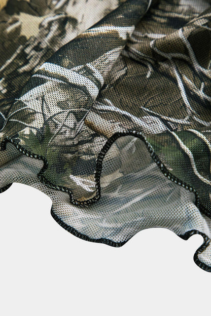 Damen Off-Shoulder Camouflage Mesh Trompetenärmel