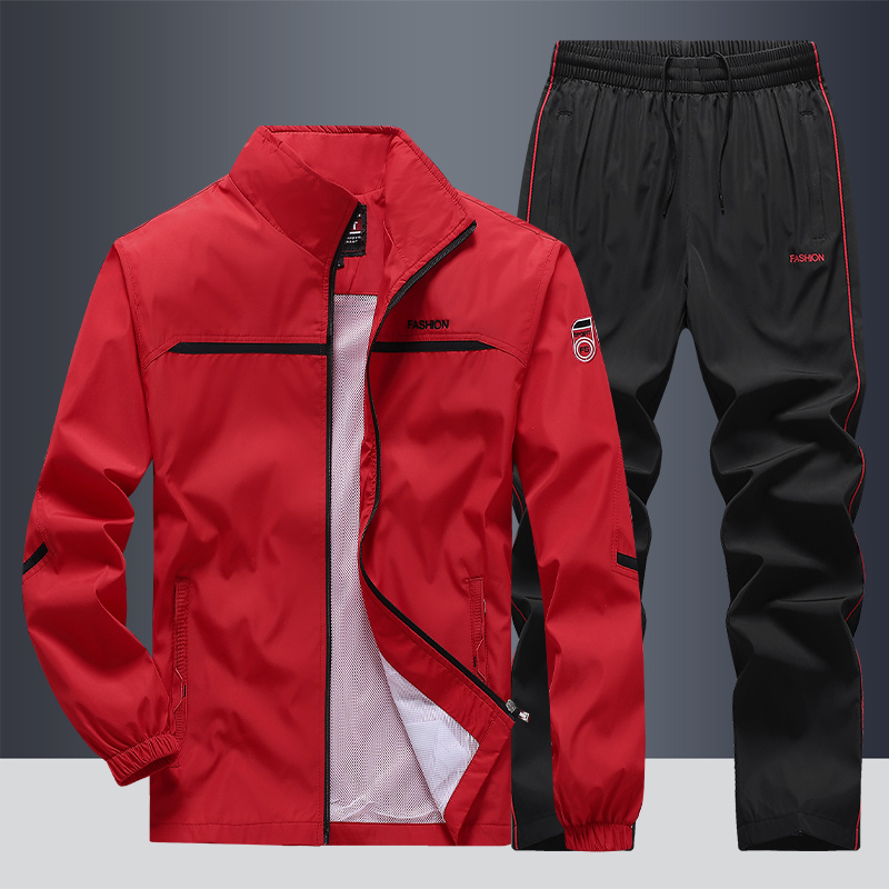 Trainingsanzug – Set aus winddichter Jacke mit Reißverschluss und Trainingshose für Herren-Rot-S-Chaps Herrenmode