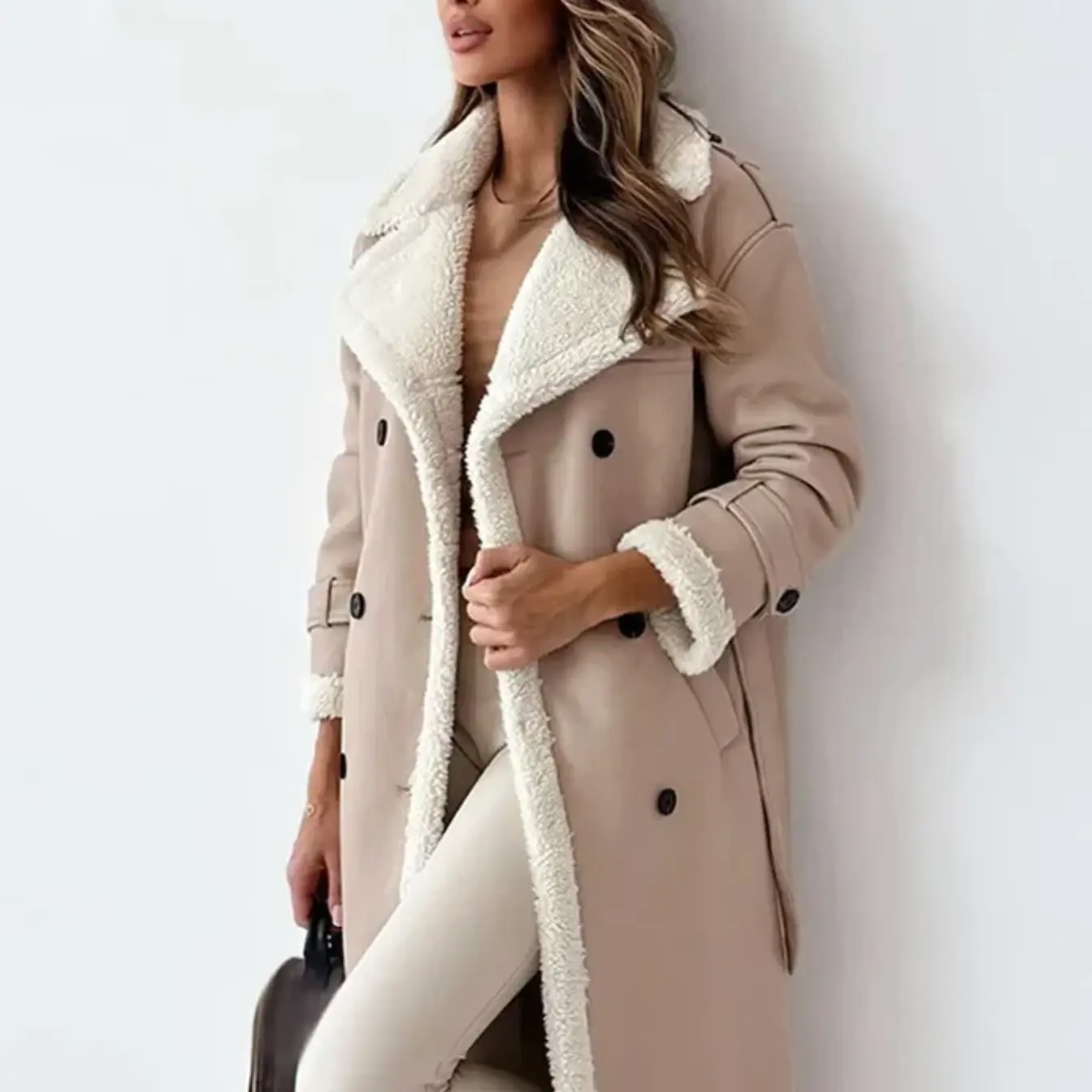 Norvielle Damen Trenchcoat Lang Lammfellgefüttert Doppelreiher Winter