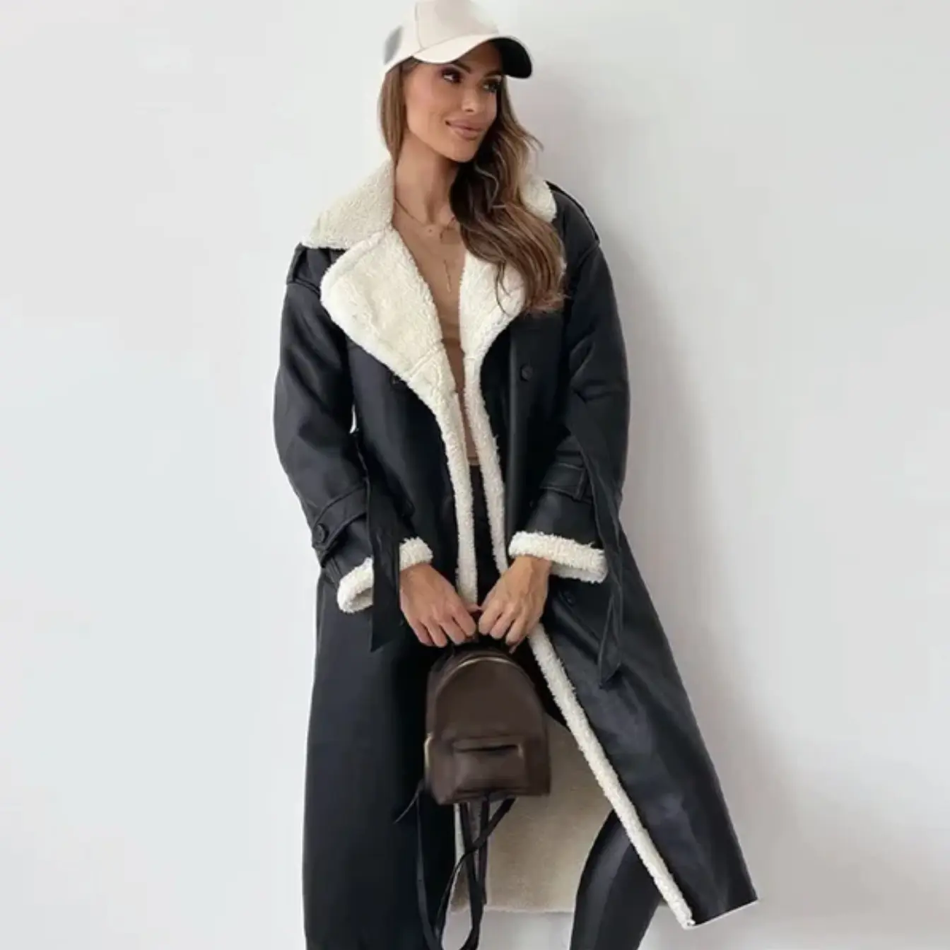 Norvielle Damen Trenchcoat Lang Lammfellgefüttert Doppelreiher Winter