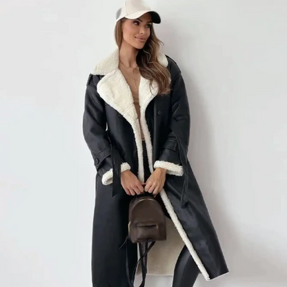 Norvielle Damen Trenchcoat Lang Lammfellgefüttert Doppelreiher Winter
