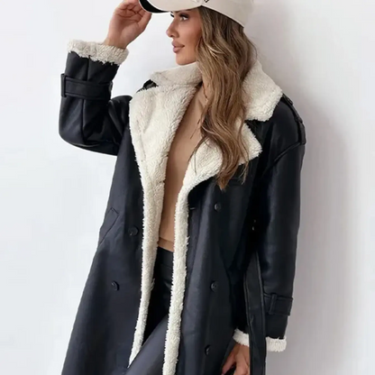 Damen Trenchcoat Lang Schafsleder gefüttert Doppelknopf Schwarz - Norvielle