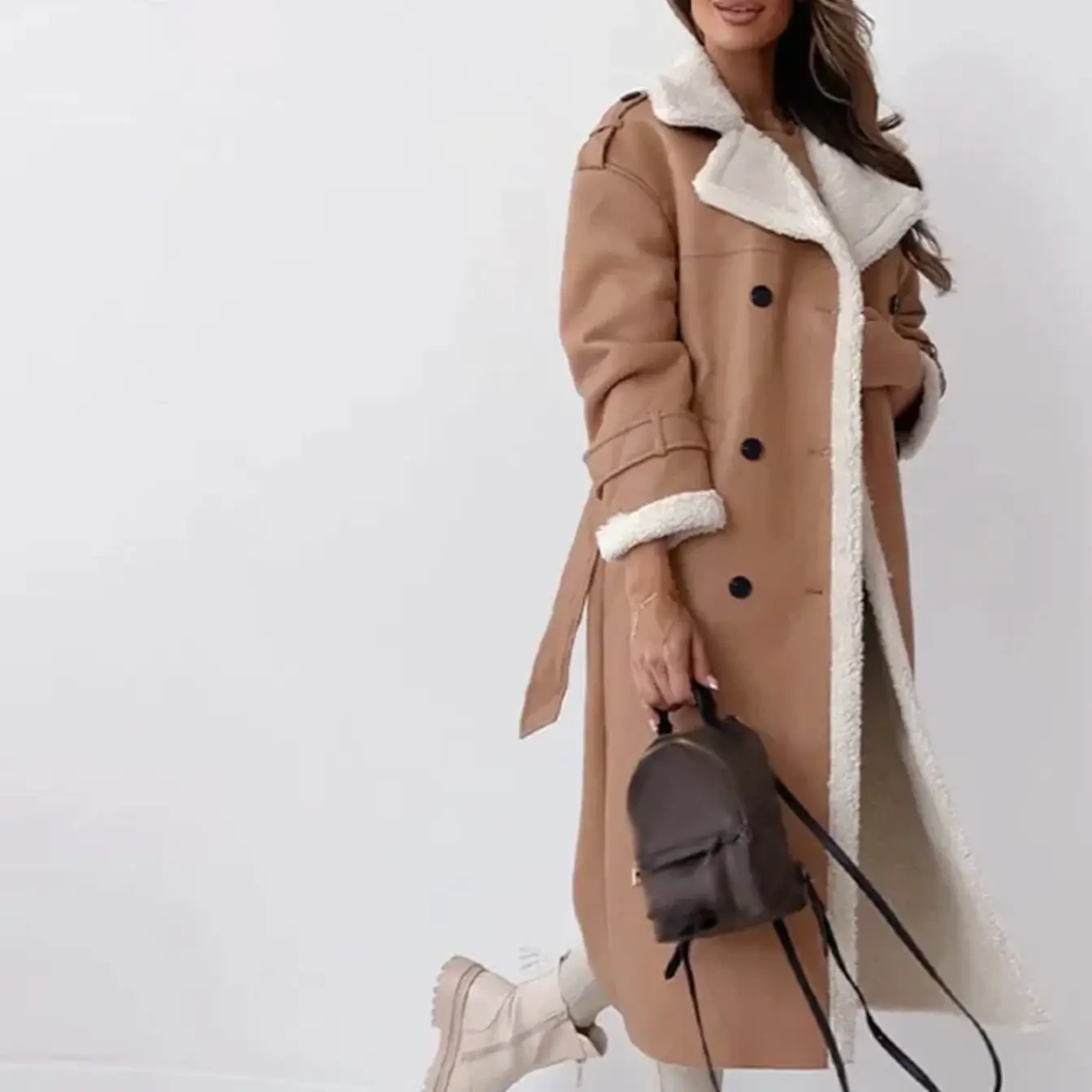 Damen Trenchcoat Lang Schafsleder gefüttert Doppelknopf