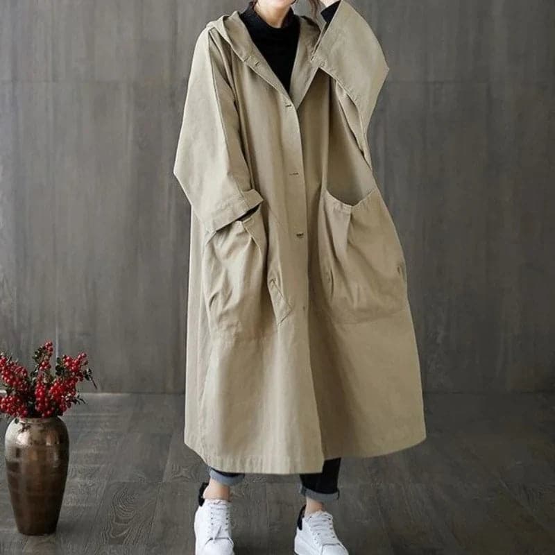 Damen Trenchcoat Oversized Wasserabweisend Mit Kapuze Schwarz - Norvielle