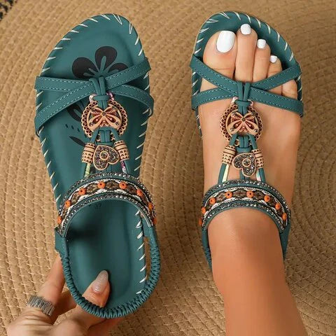 Damen Flache Sandalen Boho Stil Leder