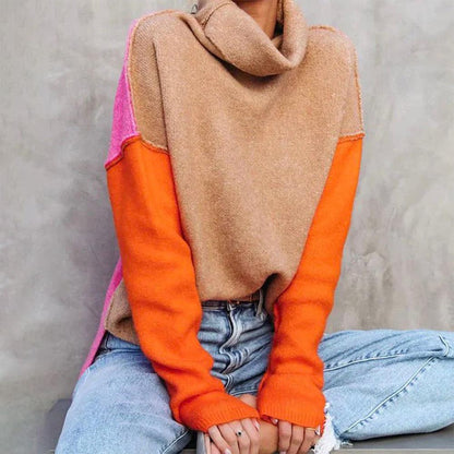 Norvielle Damen Rollkragenpullover Lockere Passform Farbblock