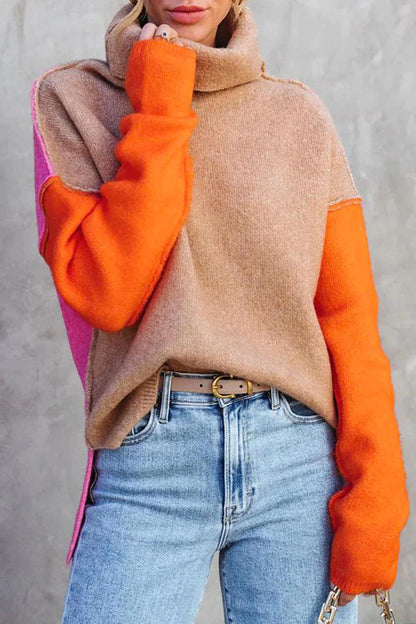 Norvielle Damen Rollkragenpullover Lockere Passform Farbblock - Norvielle