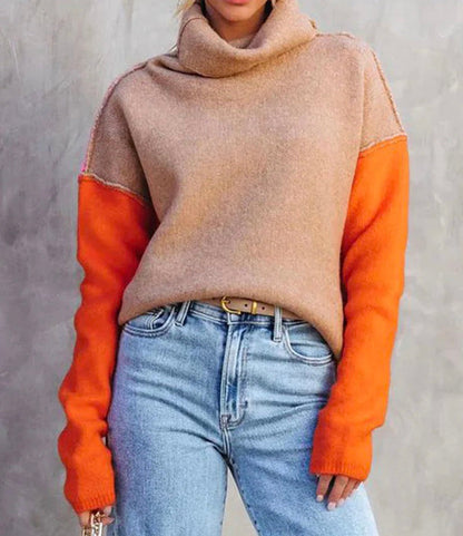 Norvielle Damen Rollkragenpullover Lockere Passform Farbblock
