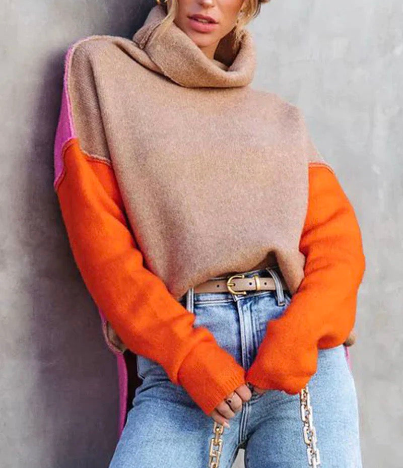 Norvielle Damen Rollkragenpullover Lockere Passform Farbblock