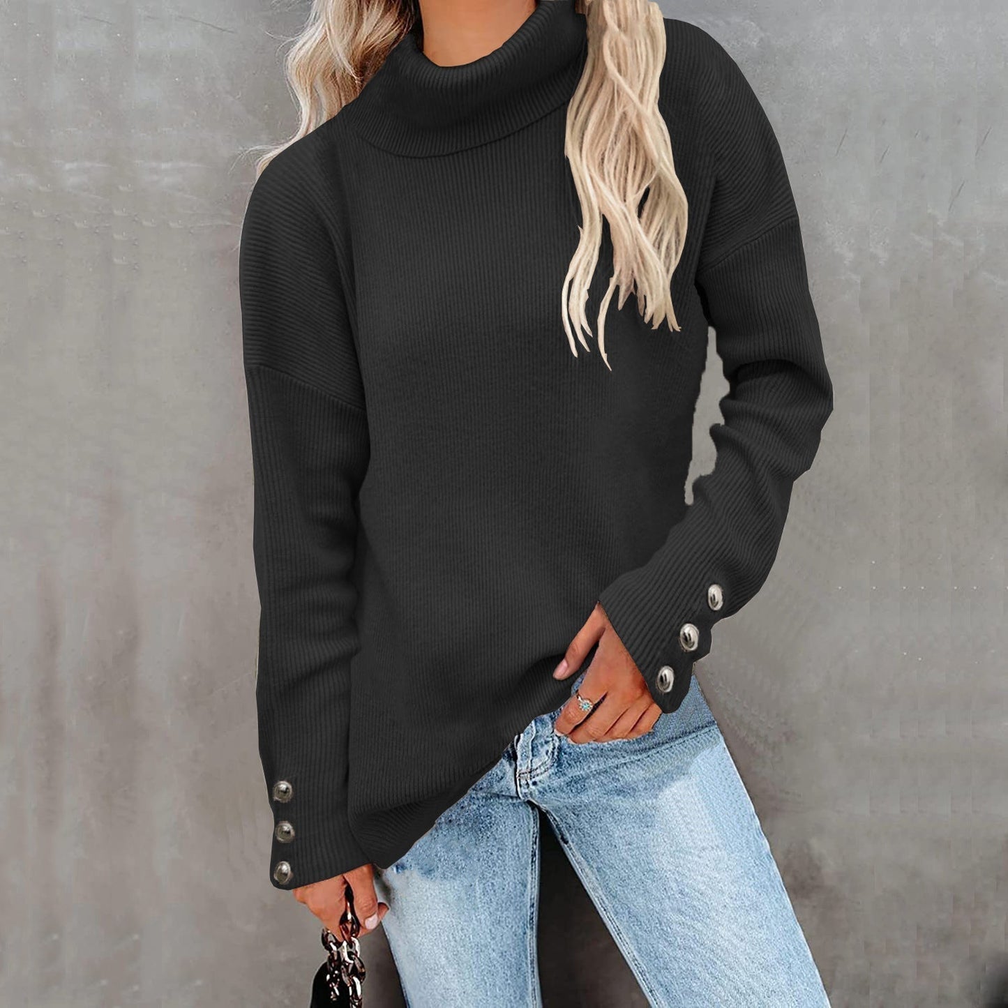 Norvielle Damen Rollkragenpullover Lässig Fit Mit Knöpfen