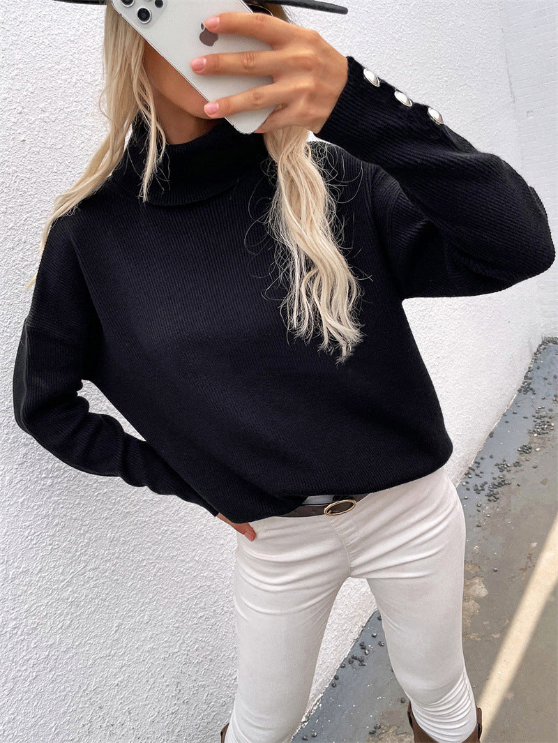 Norvielle Damen Rollkragenpullover Lässig Fit Mit Knöpfen