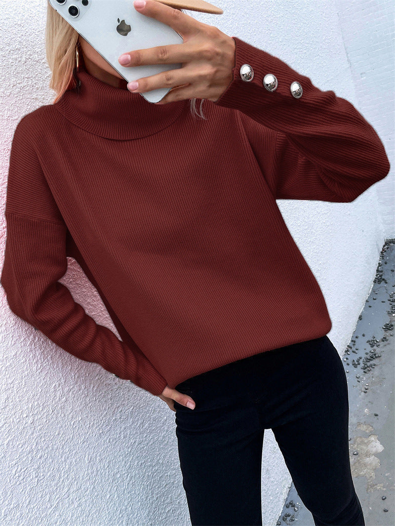 Norvielle Damen Rollkragenpullover Lässig Fit Mit Knöpfen
