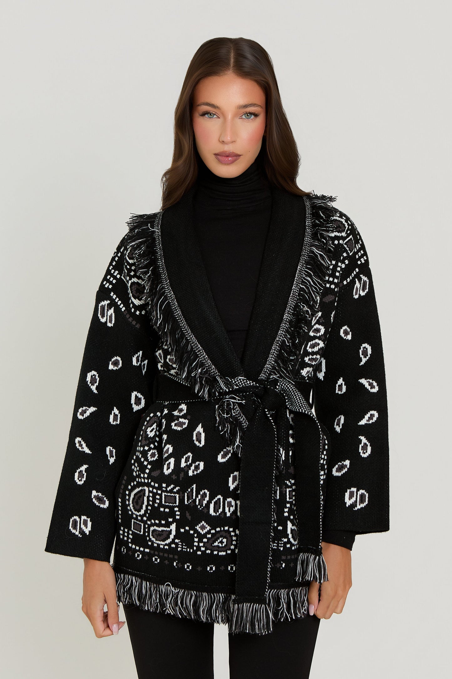 Damen Bandana Cardigan Mit Fransen Muster Warm