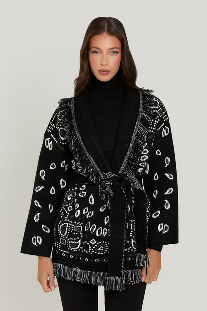 Damen Bandana Cardigan Mit Fransen Muster Warm