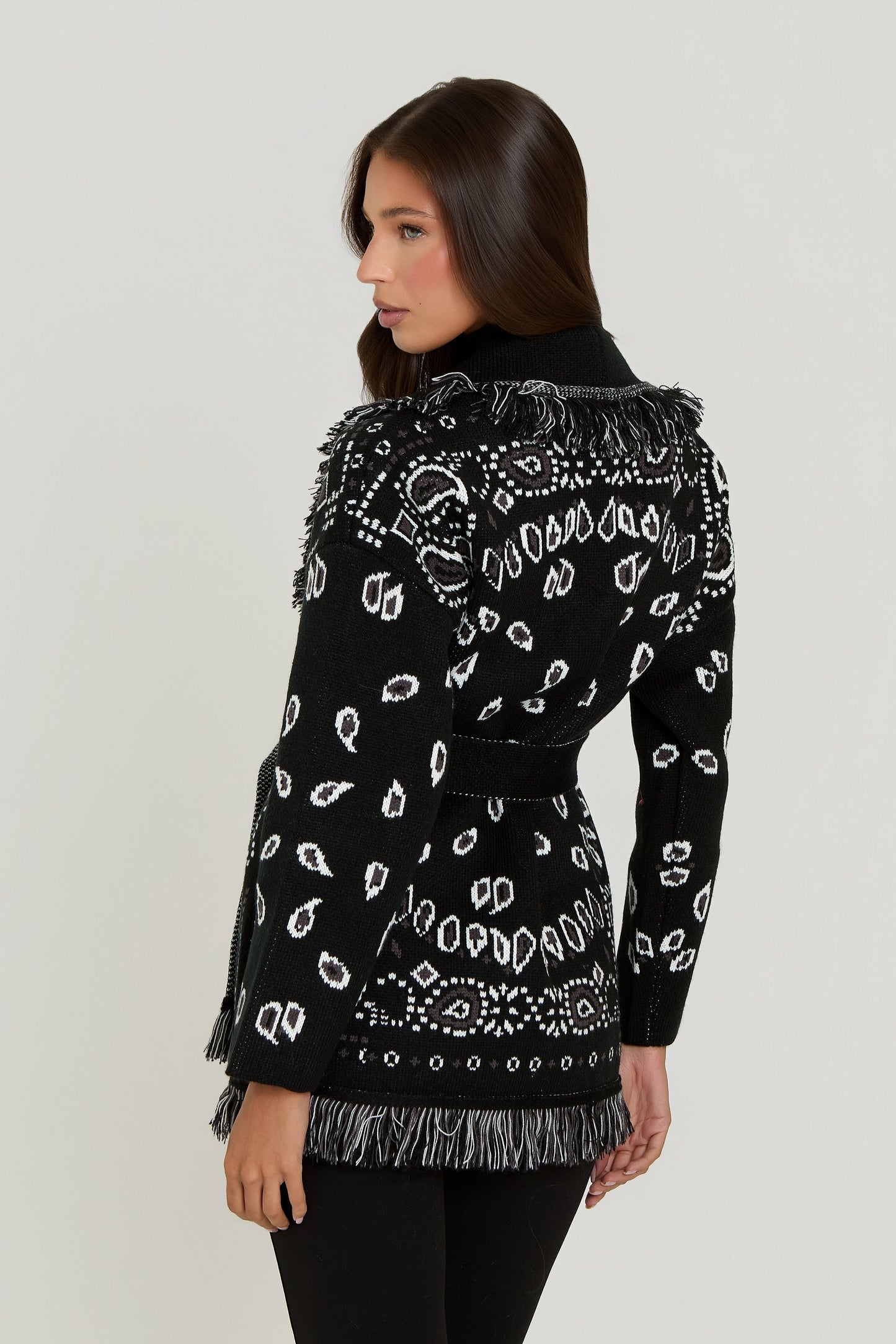 Damen Bandana Cardigan Mit Fransen Muster Warm