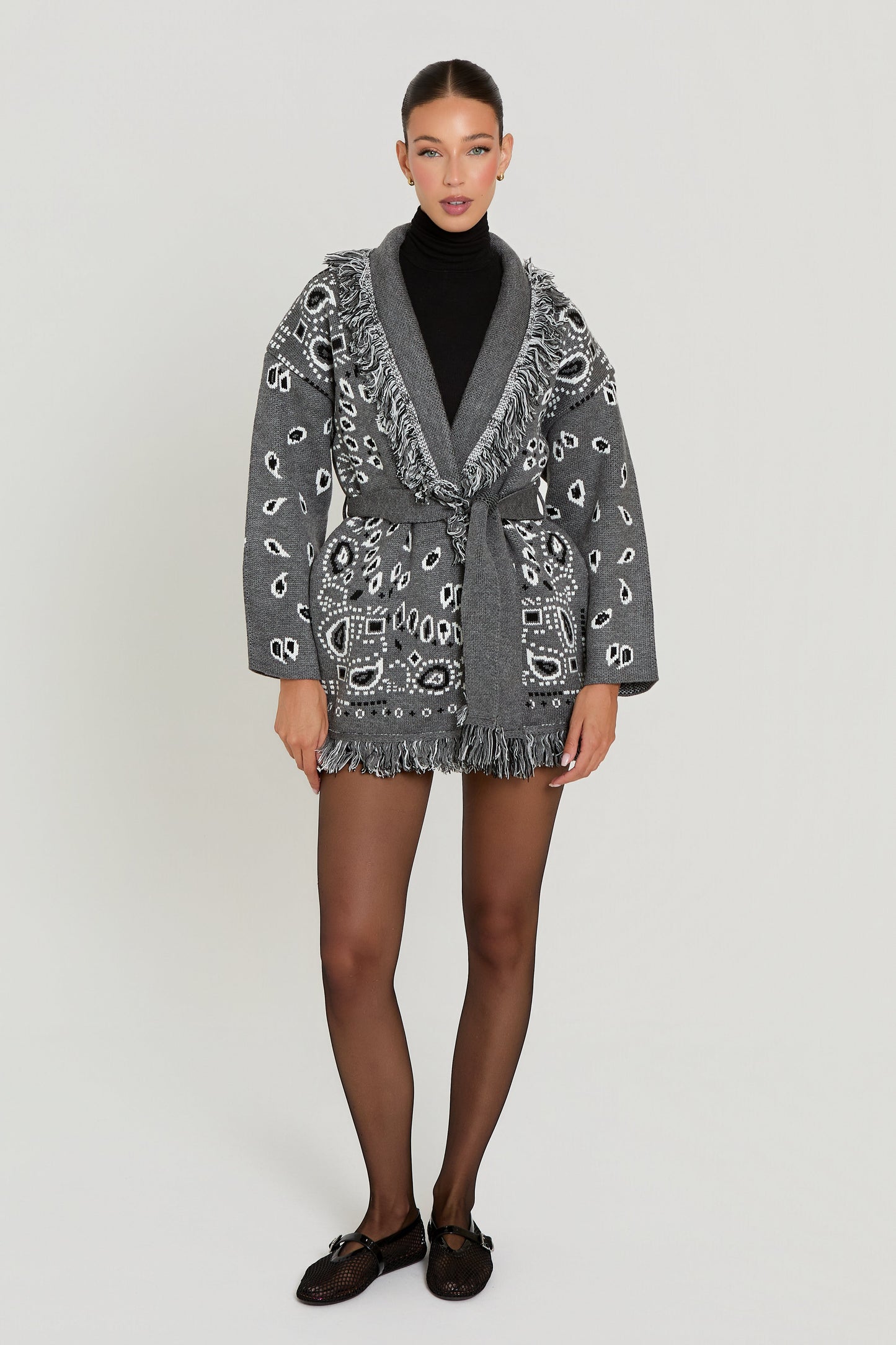 Damen Bandana Cardigan Mit Fransen Muster Warm