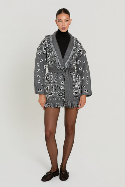 Damen Bandana Cardigan Mit Fransen Muster Warm