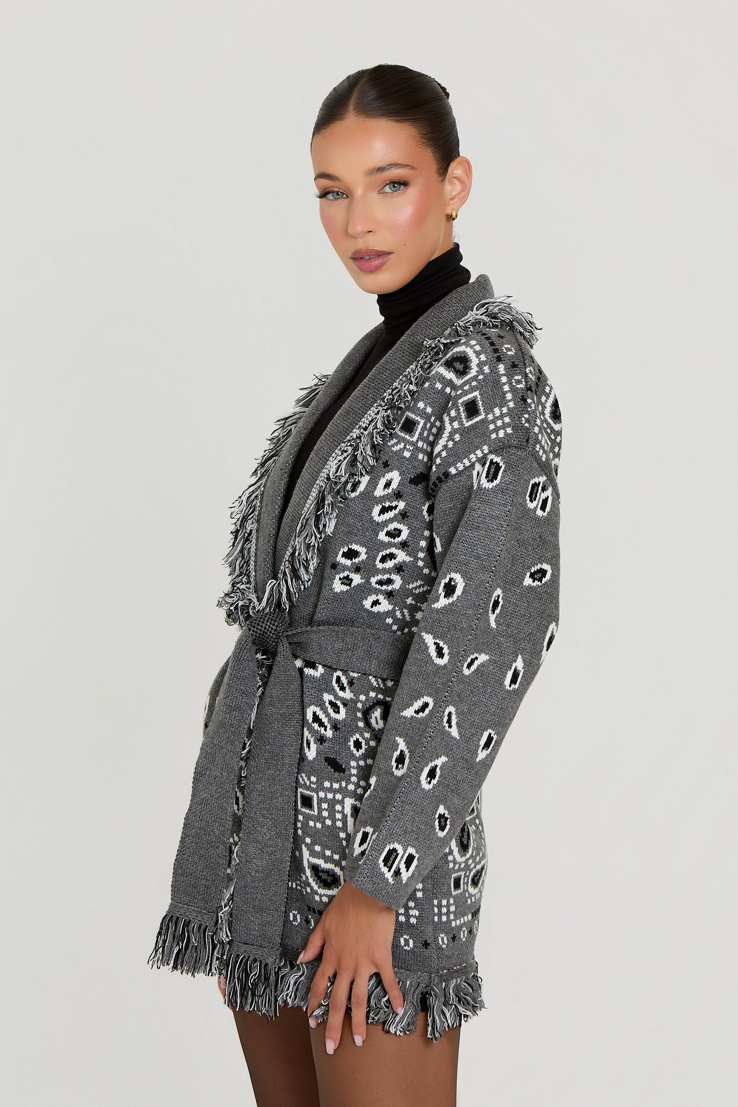 Damen Bandana Cardigan Mit Fransen Muster Warm