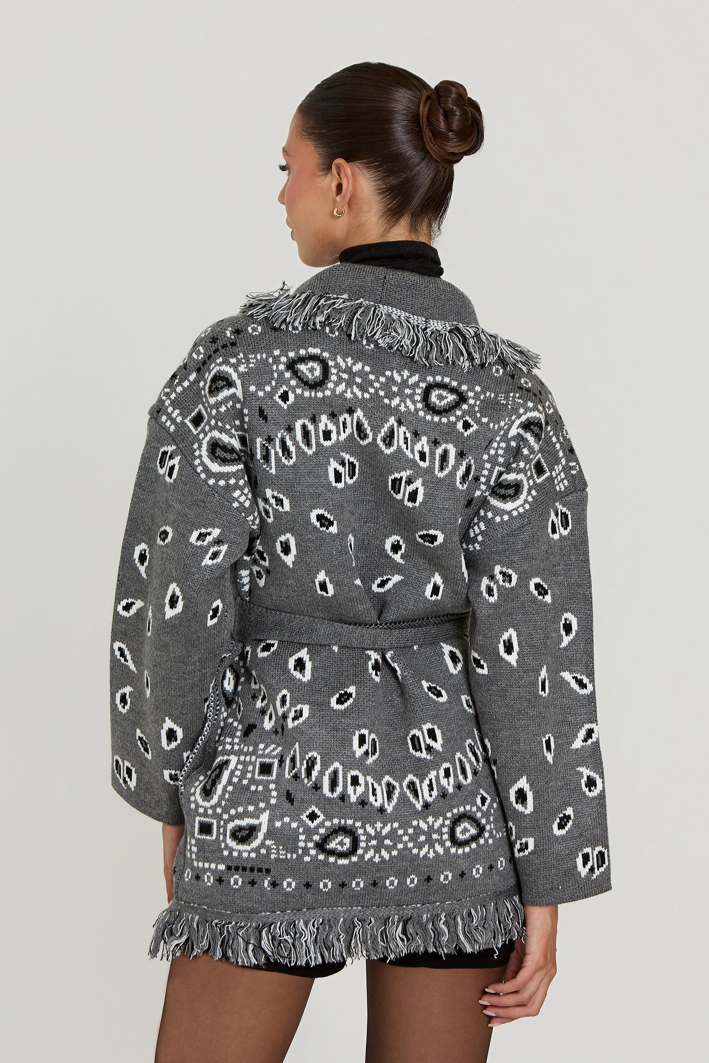 Damen Bandana Cardigan Mit Fransen Muster Warm