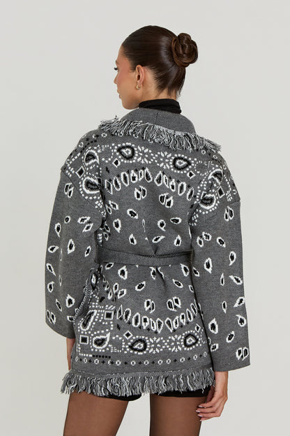 Damen Bandana Cardigan Mit Fransen Muster Warm