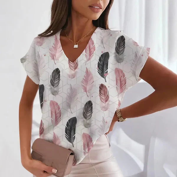 Damen V-Ausschnitt Bluse mit Print Büro Freizeit